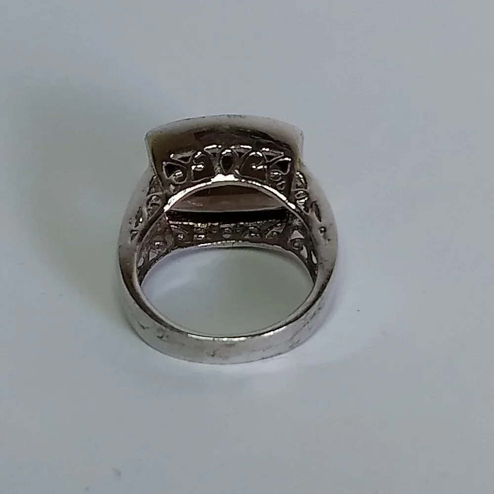 Chocolate Brown Faceted Stone Ring Openwork Sides Silver Tone Ring Size 6.5